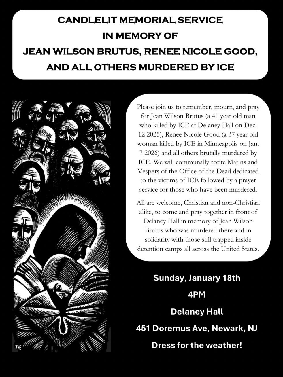 Candlelit Memorial Service in Memory of Jean Wilson Brutus, Renee Nicole Good, and All Others Murdered by ICE - Flyer