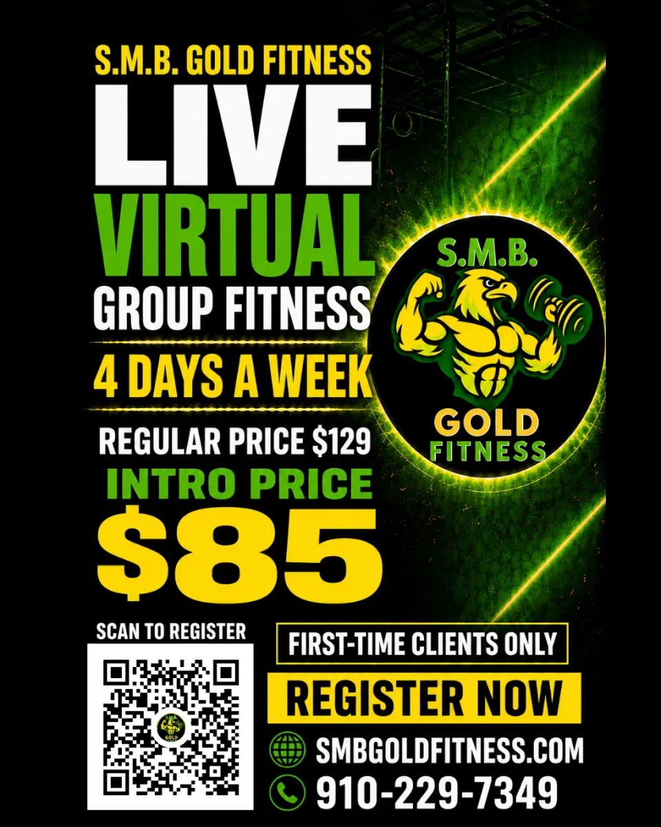 S.M.B. GOLD VIRTUAL FITNESS CLASS - 4 WEEKS TO GOLD VIRTUAL BOOTCAMP - Flyer